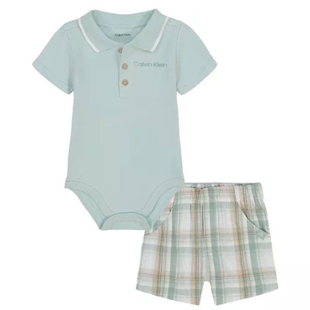 Calvin Klein Baby Blue Bodysuit and Plaid Shorts Set